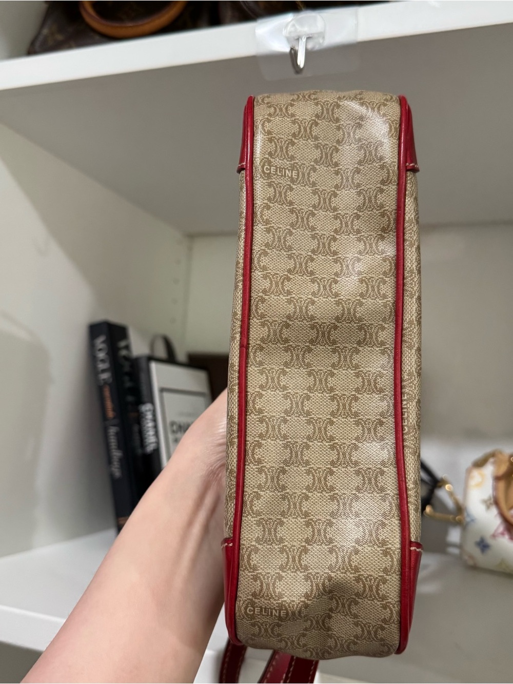 Celine Beige Monogram Canvas Shoulder Bag with Red Trim - Picture 10 of 10